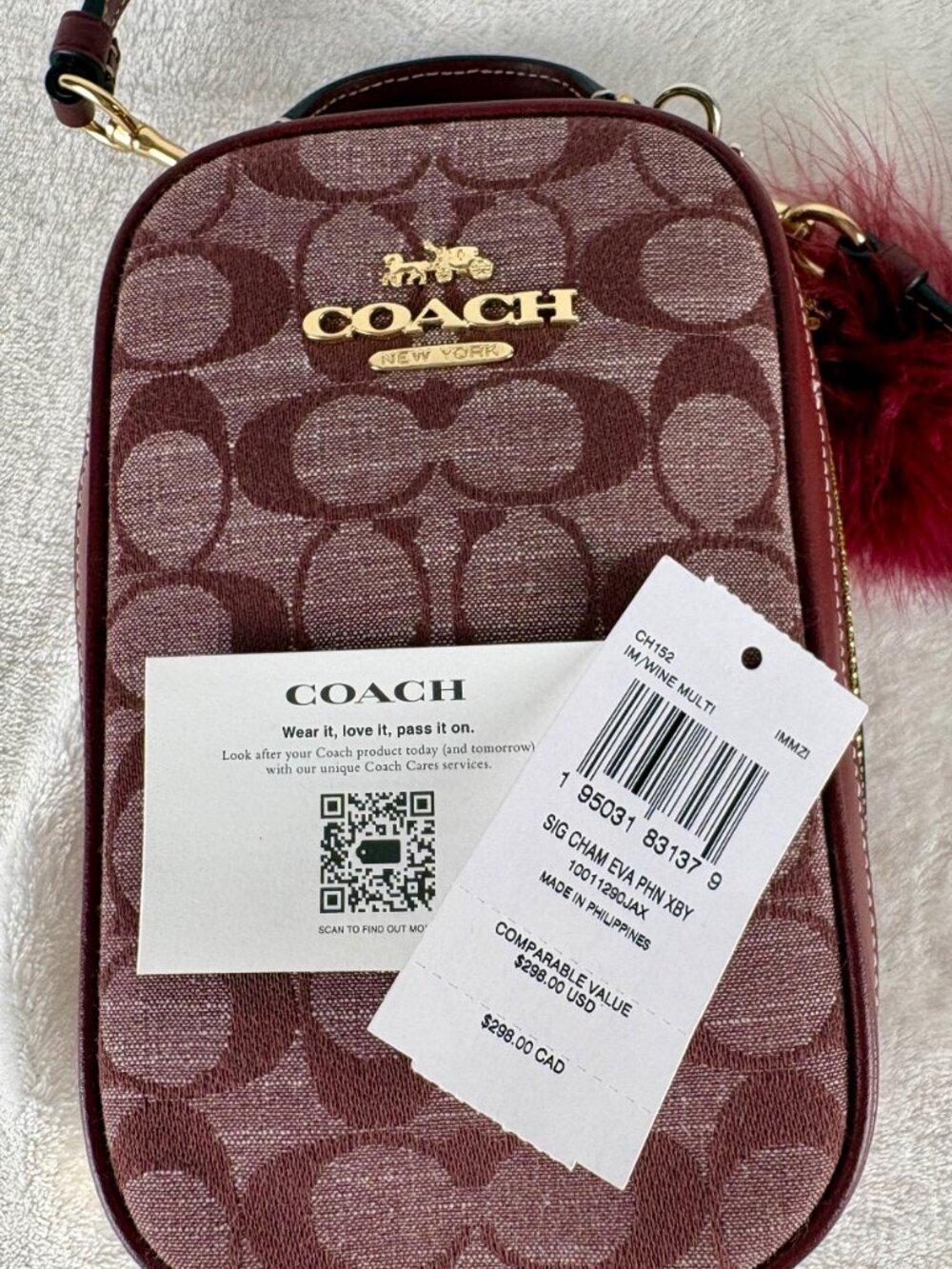 Coach Eva Phone Crossbody in Signature Chambray and Leather in Wine with Charm - Picture 2 of 16